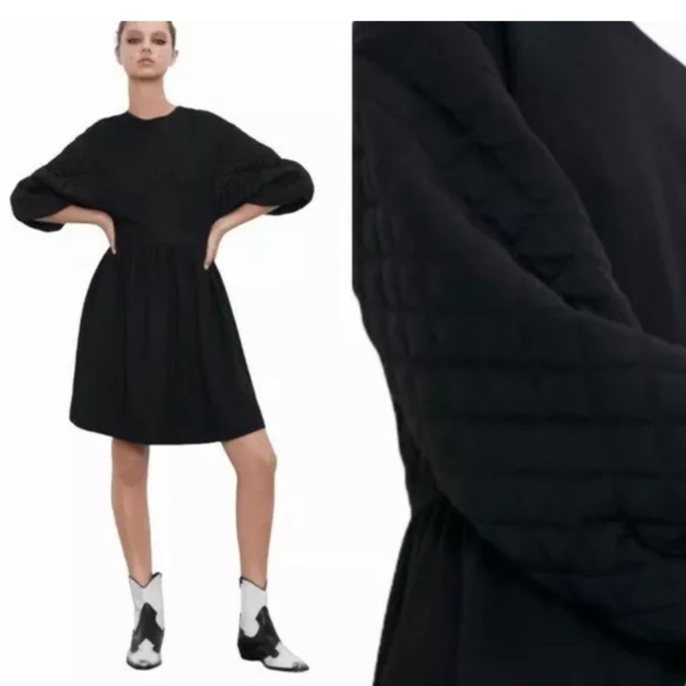 Zara black quilted balloon sleeve dress